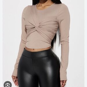 Fashion Nova Taupe Twist-Front Long Sleeve Top